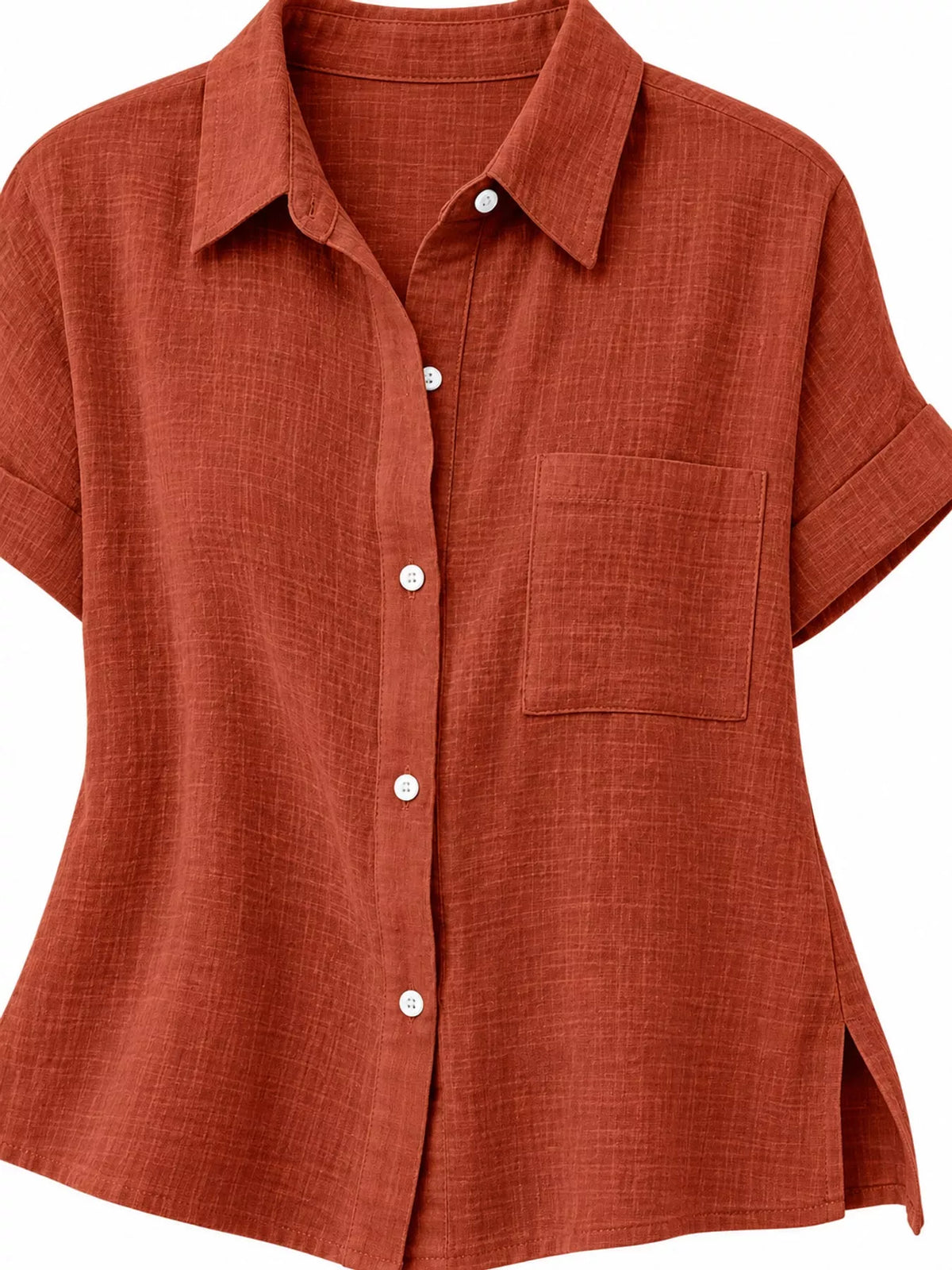 Women's Button Up Short Sleeve Shirt in rust — collar detail view