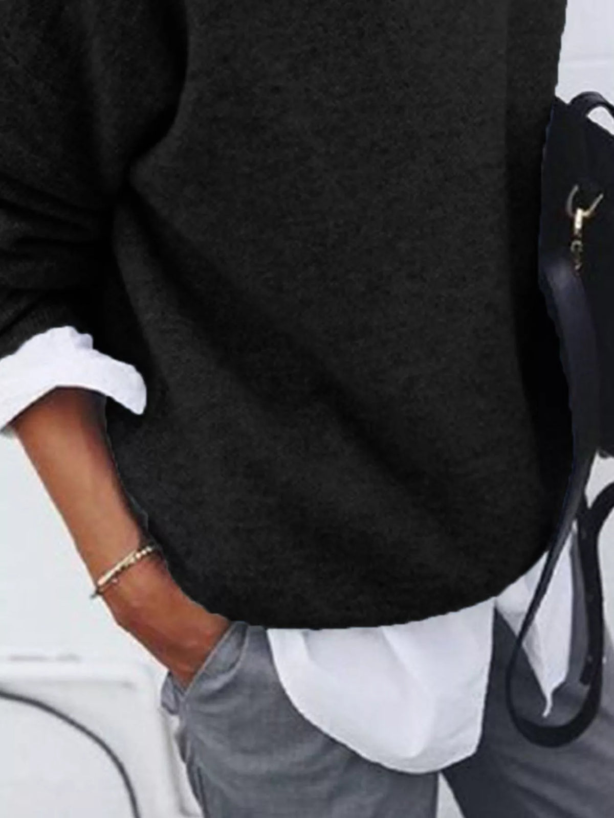 Black Round Neck Long Sleeve Sweater side view