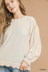 Trendsi Umgee Linen Scallop Hem Long Sleeve Blouse -