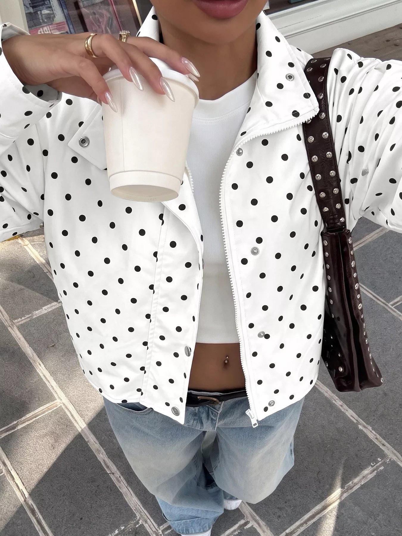 Trendsi Polka Dot Zip Up Cropped Jacket -
