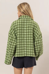 Trendsi HYFVE Tweed Plaid Button Up Collared Neck Jacket - Outerwear
