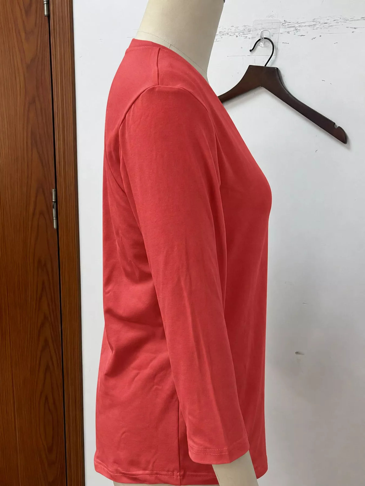 Red v-neck half sleeve t-shirt, detail view