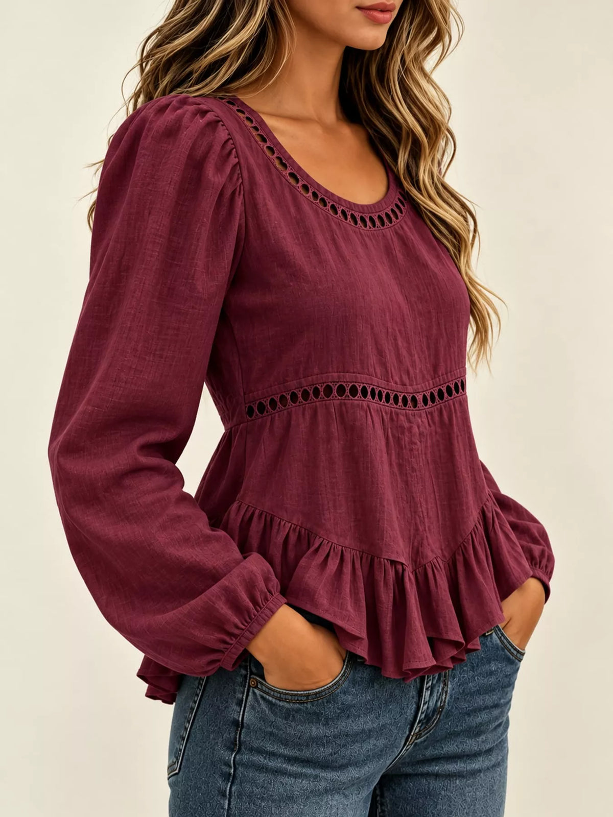 Women's Long Sleeve Blouse with Eyelet Lace Trim and Ruffled Hem in burgundy — side view