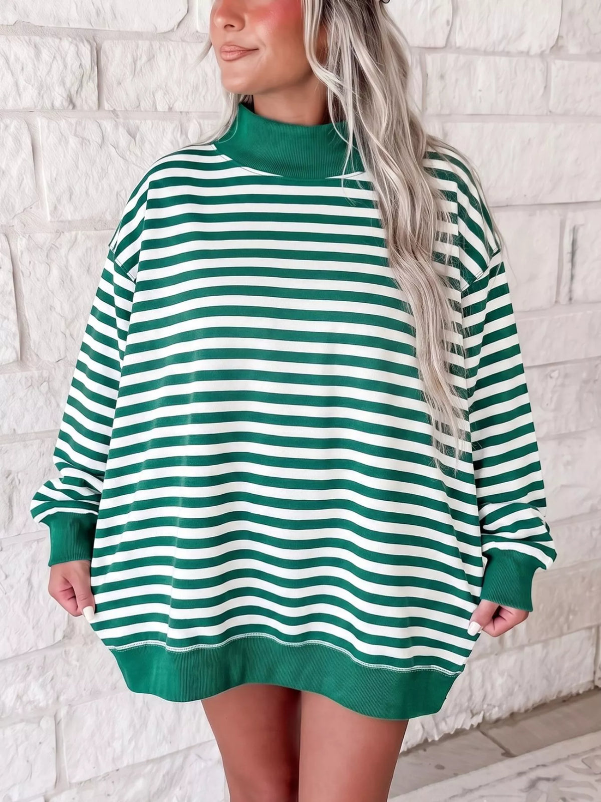 Striped Mock Neck Oversized Tunic Sweatshirt — front view