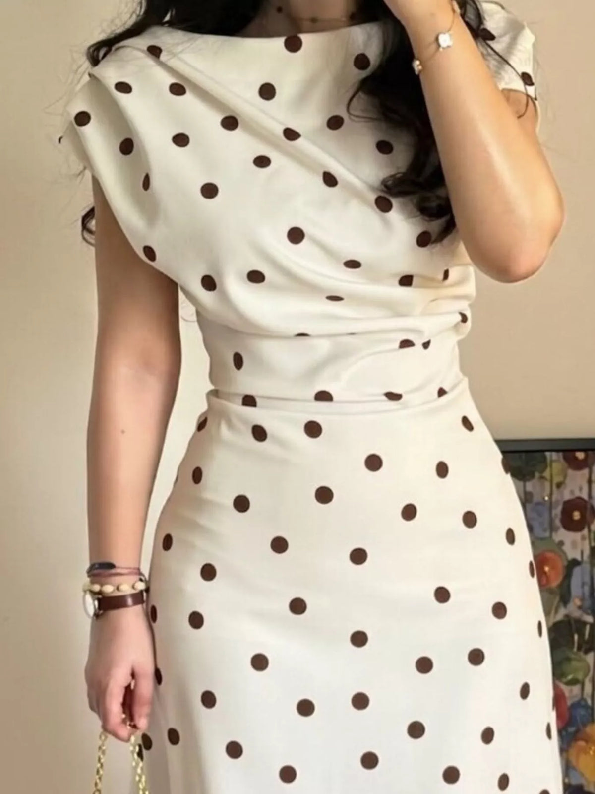 Cowl neck cap sleeve midi dress, construction and design details
