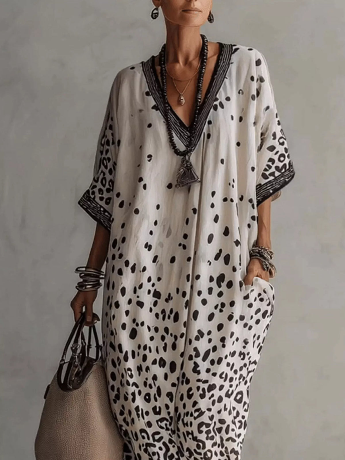 Trendsi V-Neck Leopard Print Loose Maxi Dress -