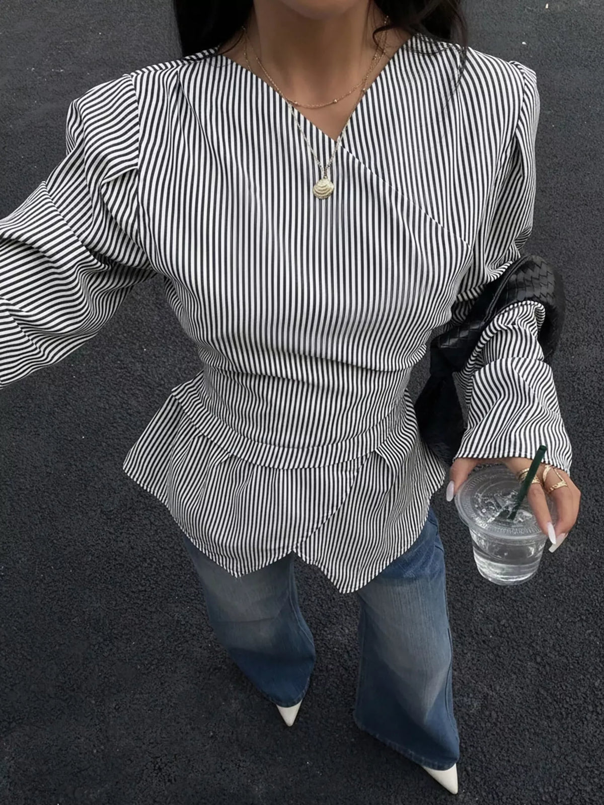 V-neck long sleeve blouse, front view on model