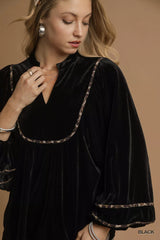 Trendsi Umgee Velvet Long Sleeve Blouse with Contrast Trim -
