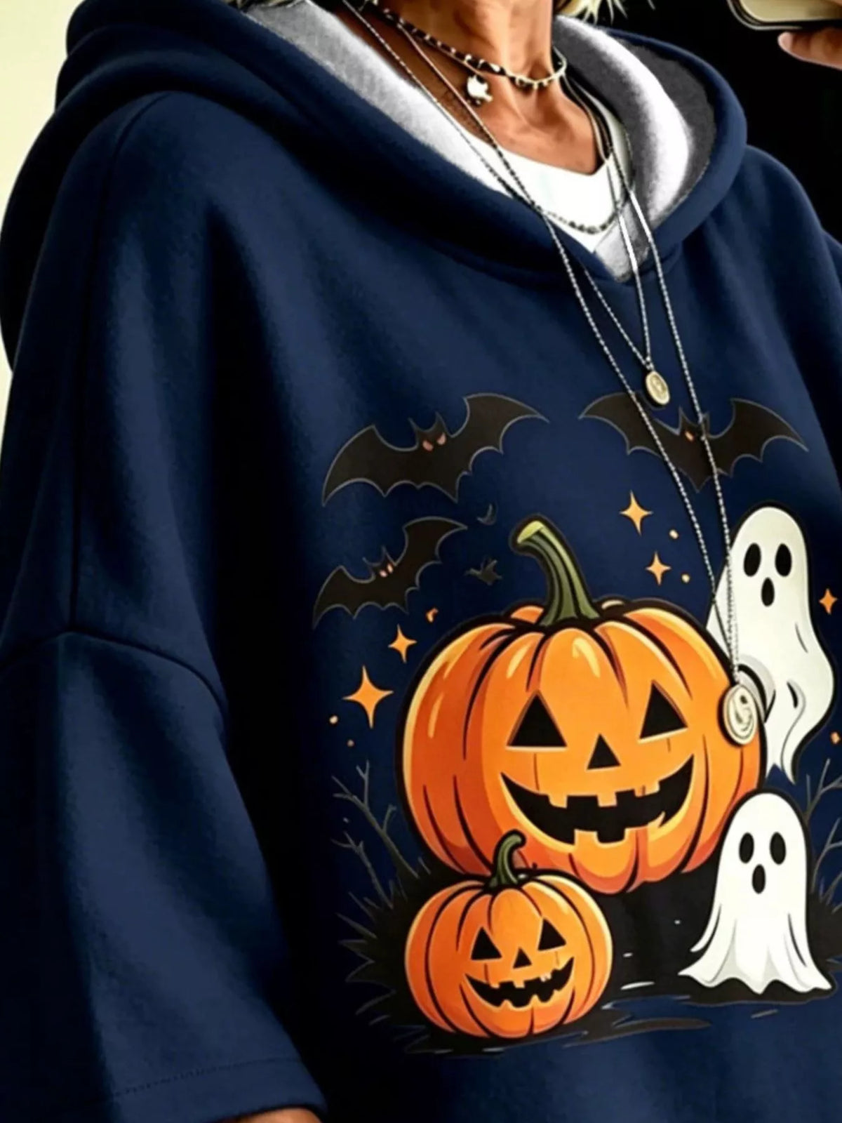 Navy Blue oversized halloween pumpkin ghost hoodie, detail view