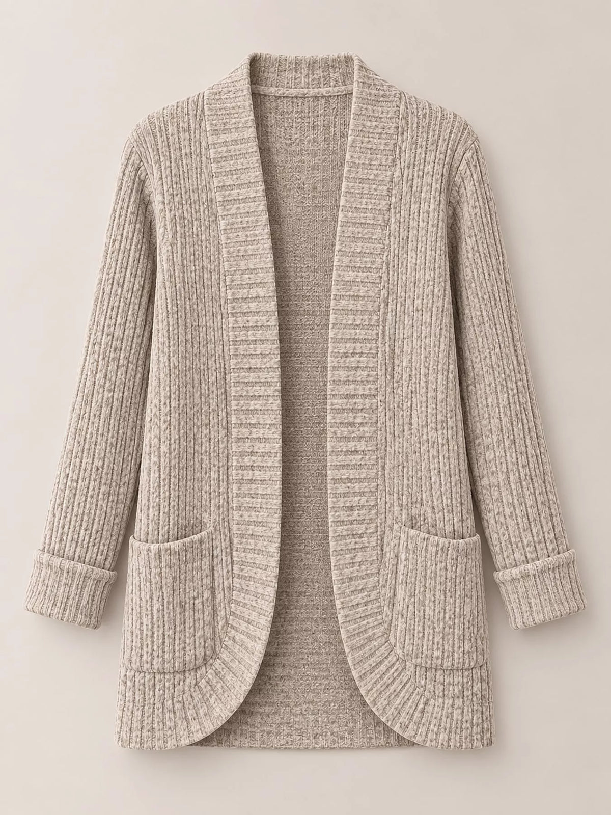 Ribbed Knit Open Front Cardigan with Pockets — garment front