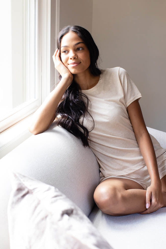 Caramel Brown Pima cotton tee and shorts pajama set, seated view