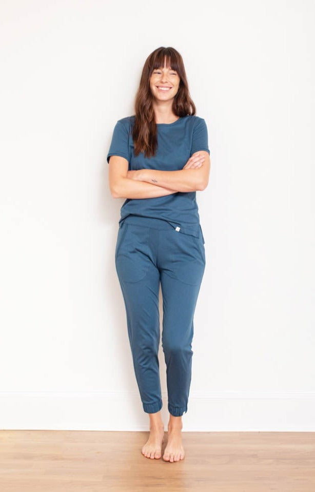 Ocean-blue Pima cotton tee and jogger pajama set, front view