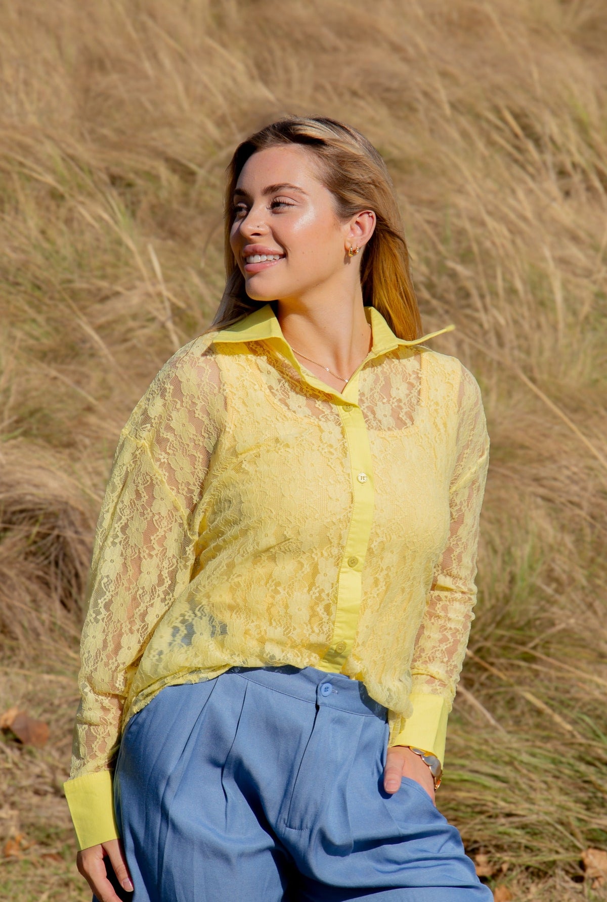 Kathryn Classic Button-Up, Yellow Lace
