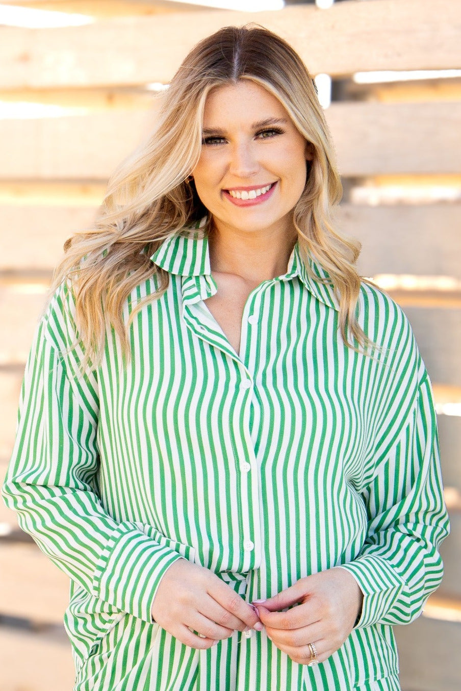 Kathryn Classic Button-Up, Green Stripe