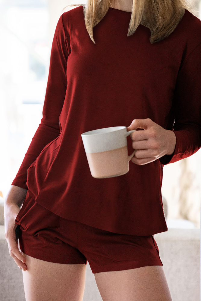 Vino Pima cotton long-sleeve top and pocket shorts pajamas, close-up