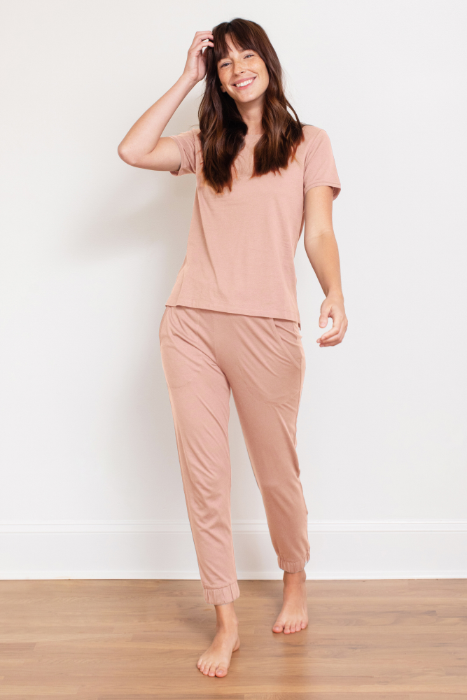 Lila Pima cotton tee and jogger pajama set, front view