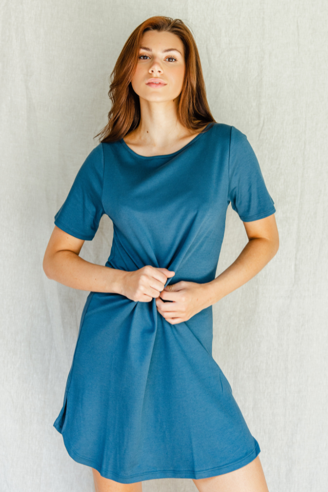 Ocean-blue Pima cotton T-shirt dress, close-up