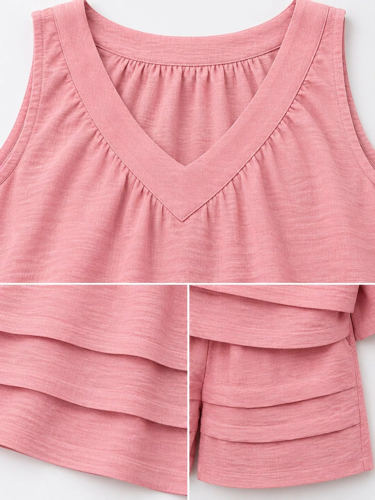 V-neck sleeveless outfit set, construction and design details