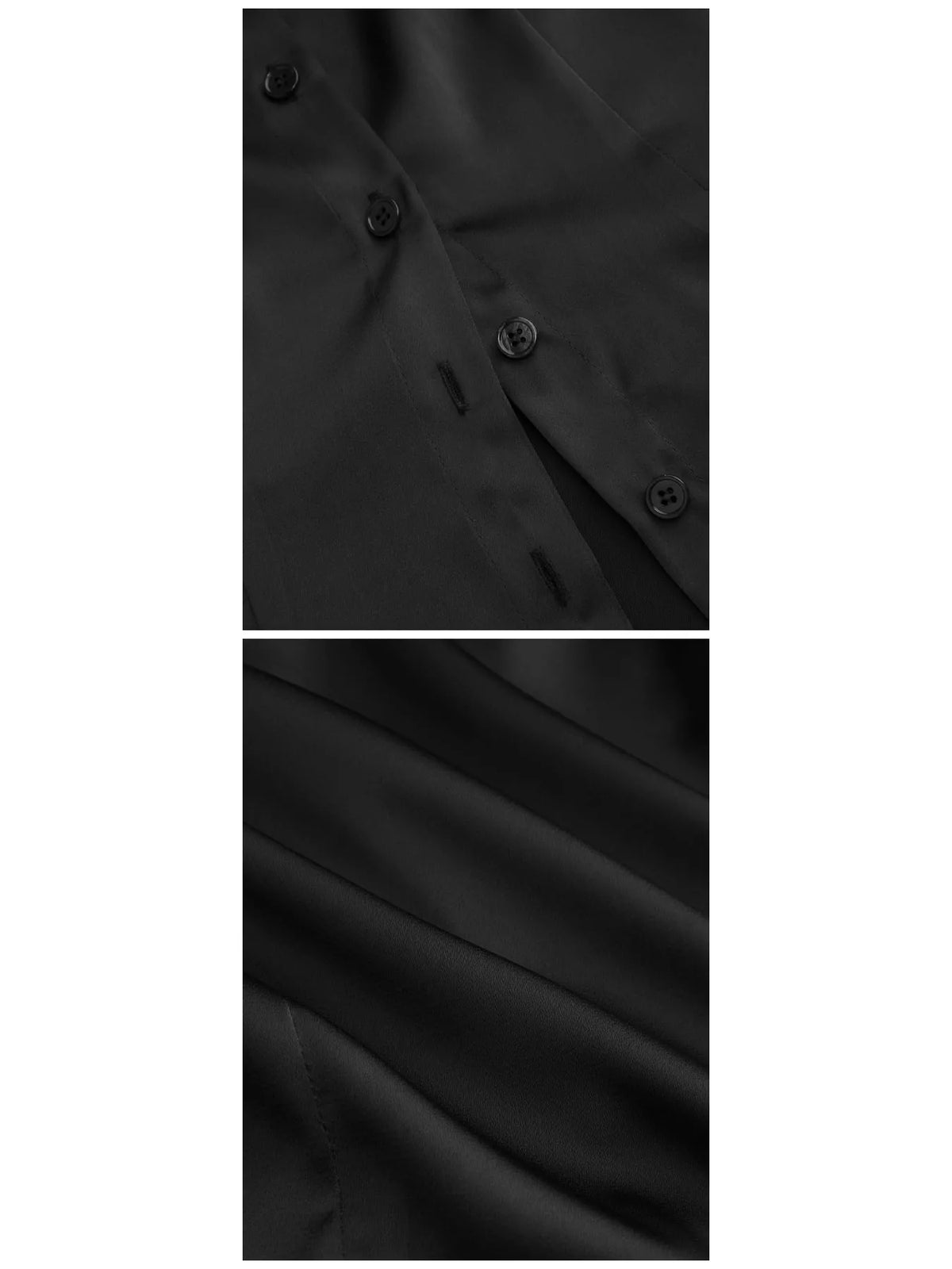 Satin Short Sleeve Button-Down Shirt, detail view in black