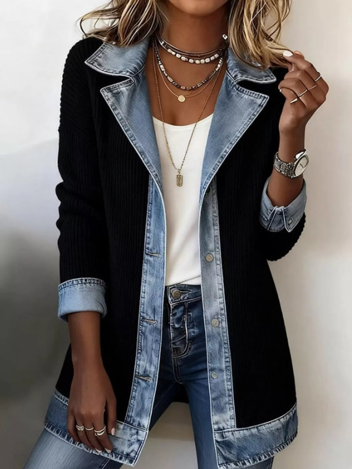 Black denim trim ribbed knit cardigan