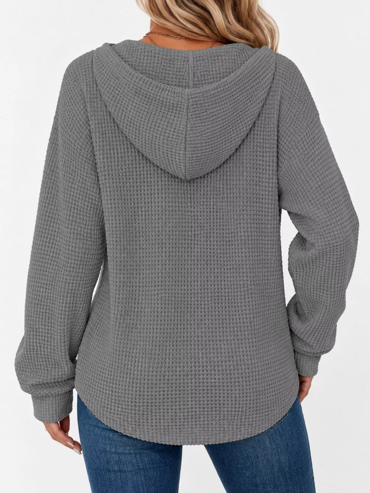 Gray waffle knit button-detail hoodie, back view