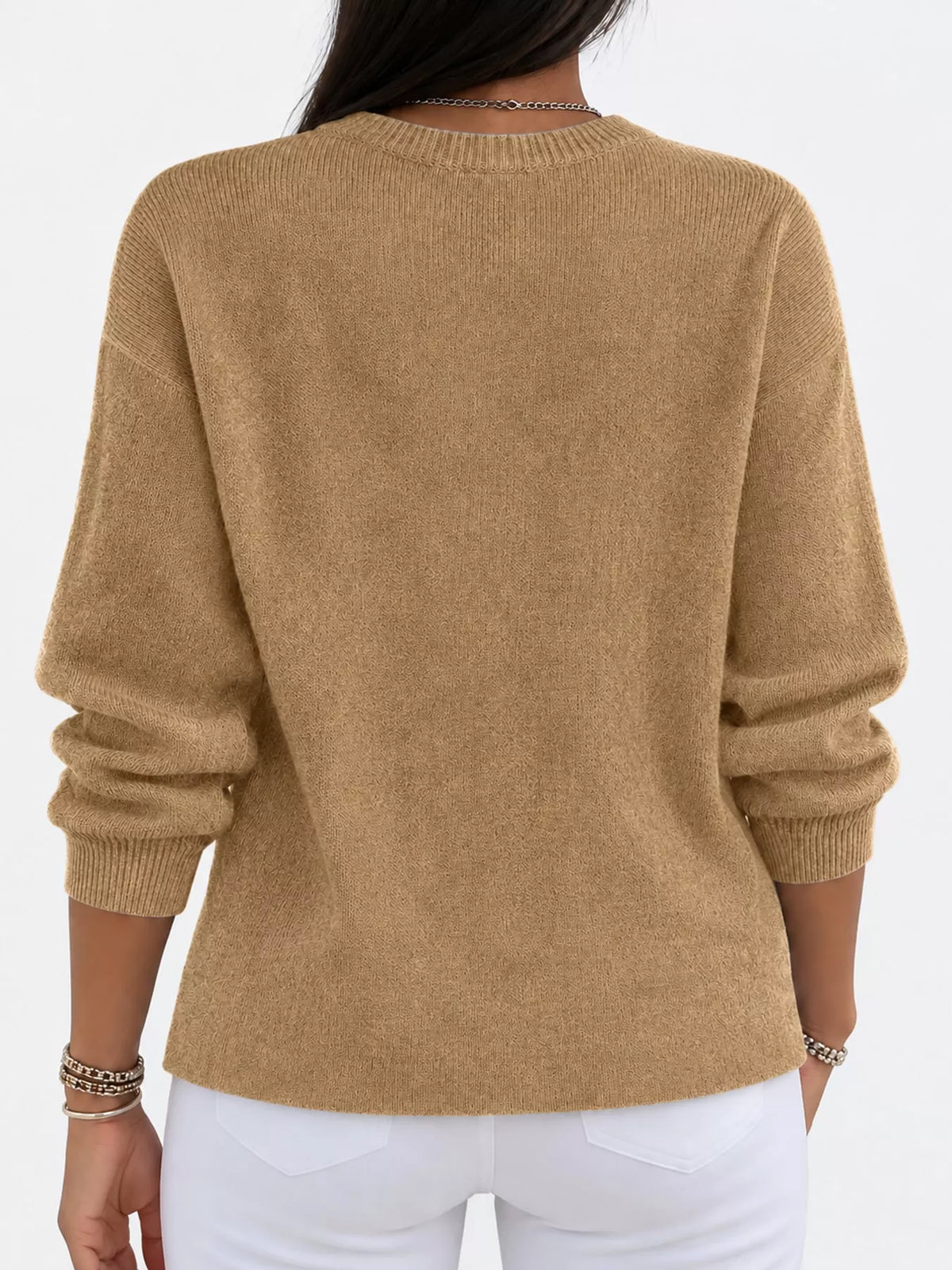 Khaki crew neck sweater, back view