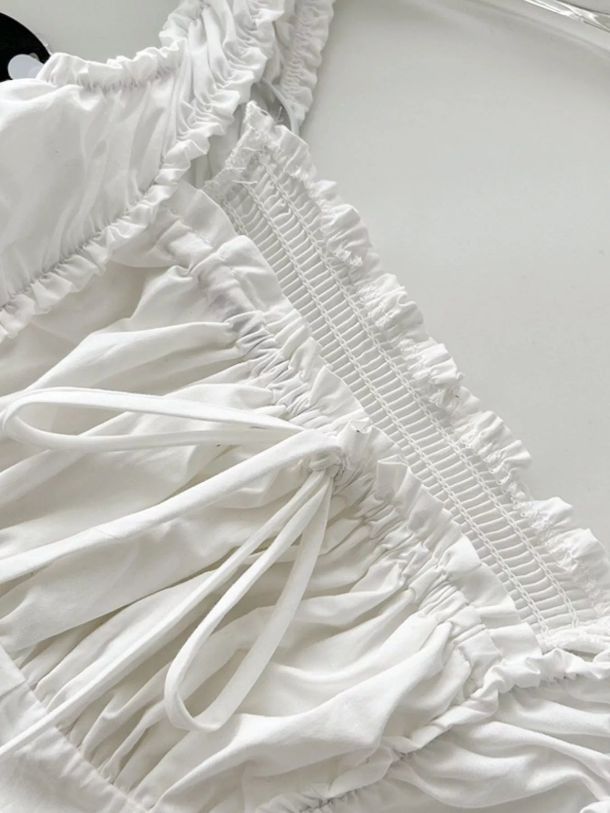 Women's Ruffled Square Neck Tiered Maxi Dress in white — neckline detail view
