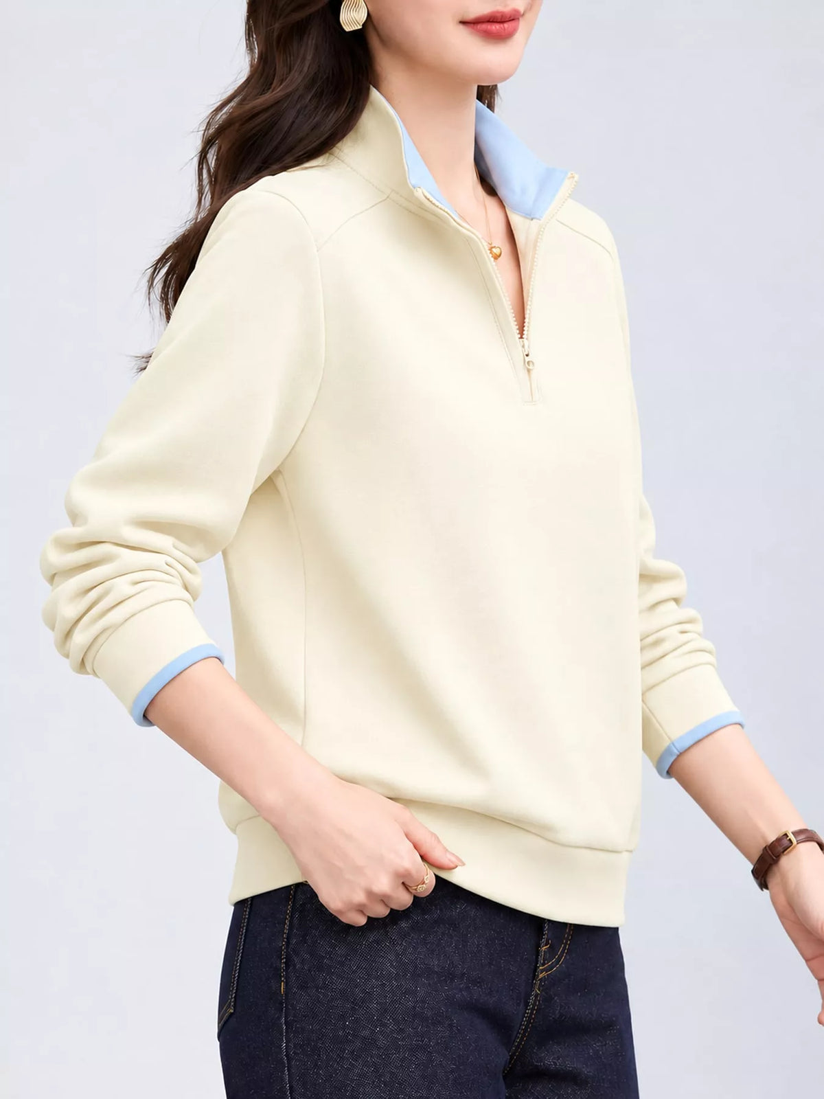 Quarter-Zip Sweatshirt with Contrast Collar in cream