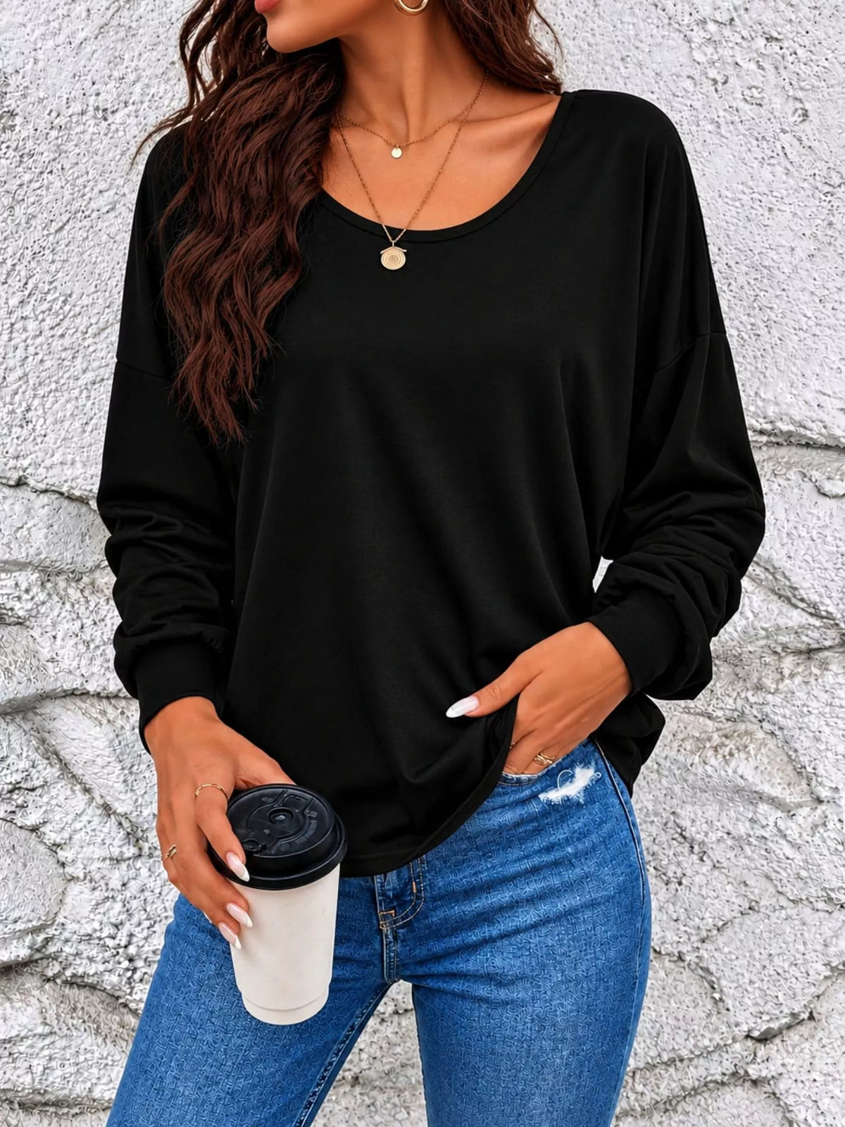 Crochet Back Detail Long Sleeve T-Shirt in black