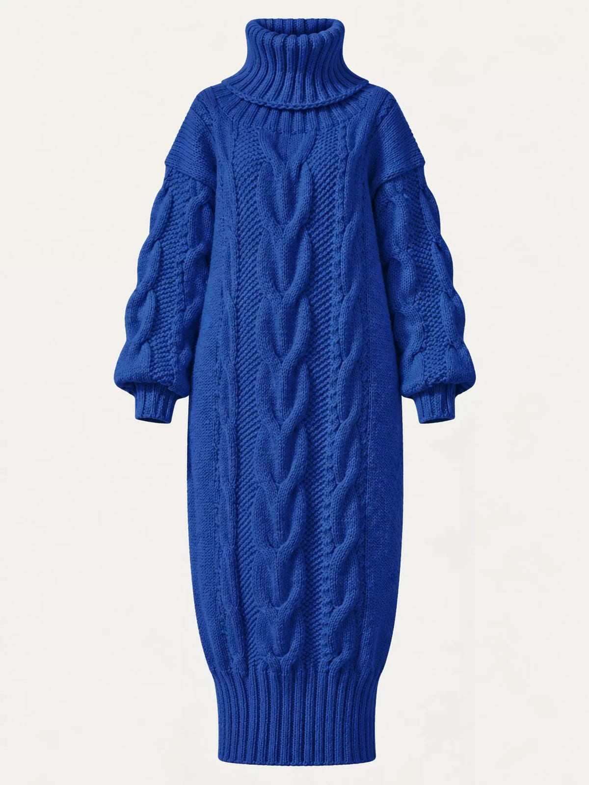 Royal Blue oversized cable knit turtleneck sweater dress, back view