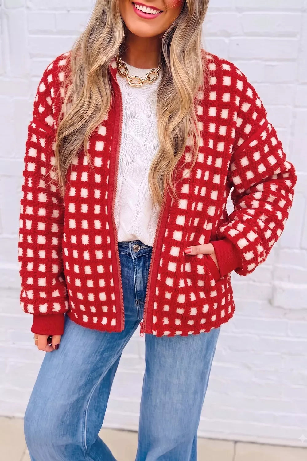 Trendsi Plaid Zip-Up Long Sleeve Outerwear -