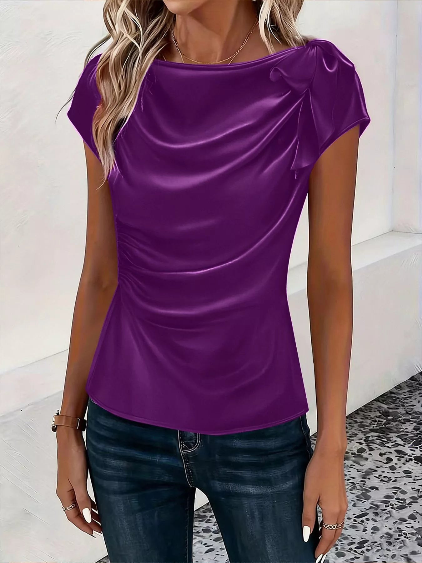 Trendsi Ruched Short Sleeve Satin Top -