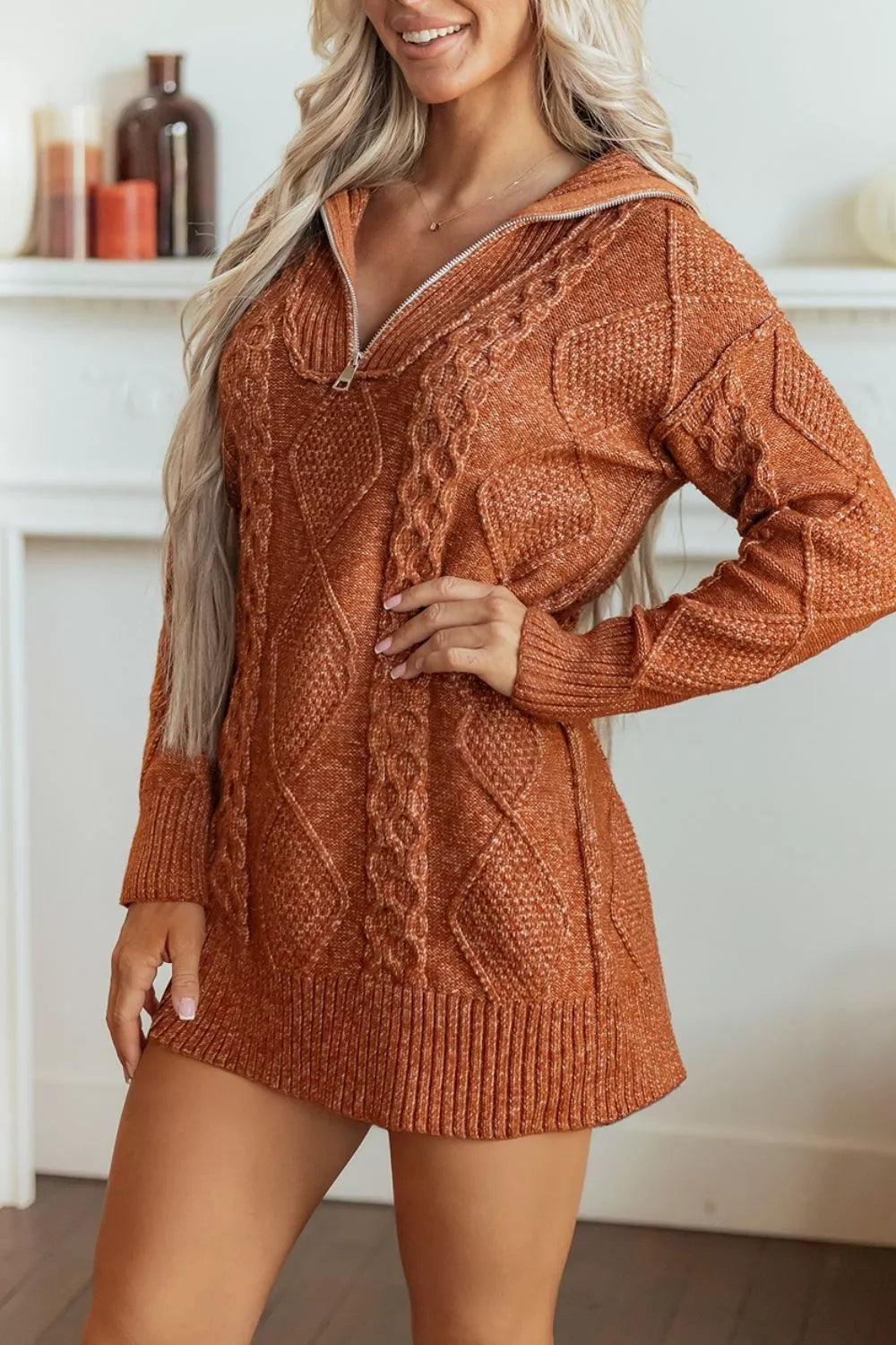 Trendsi Zip-Up Cable Knit Drop Shoulder Sweater Dress -