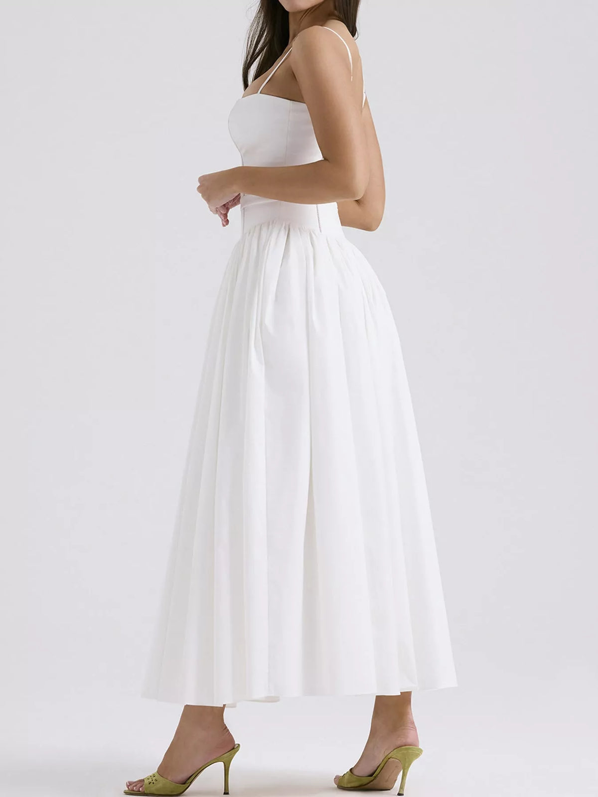 Women's Paneled Bodice Gathered Midi Dress in white — side view