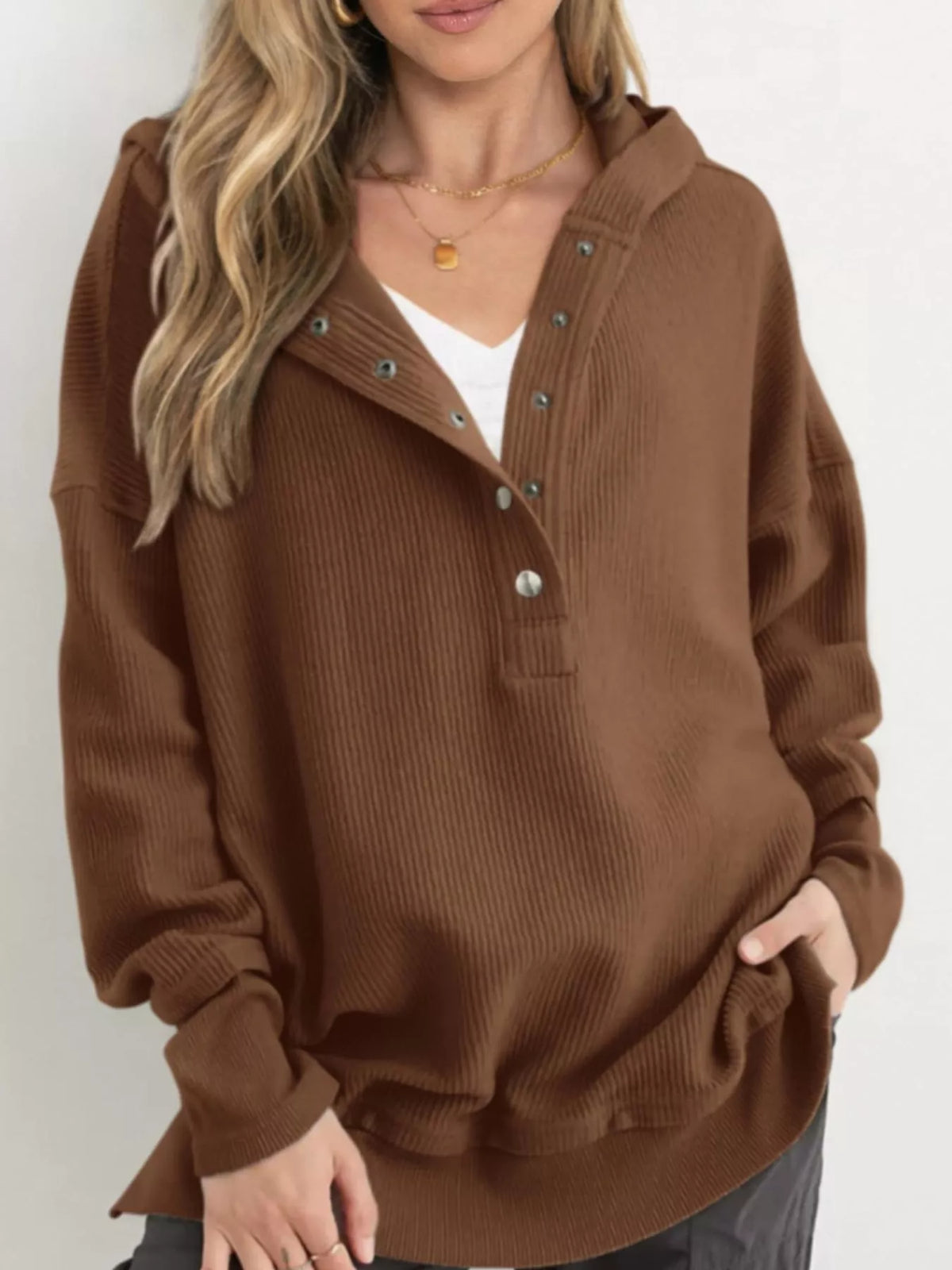 Women's Snap Button Placket Dropped Shoulder Hoodie in brown — front view
