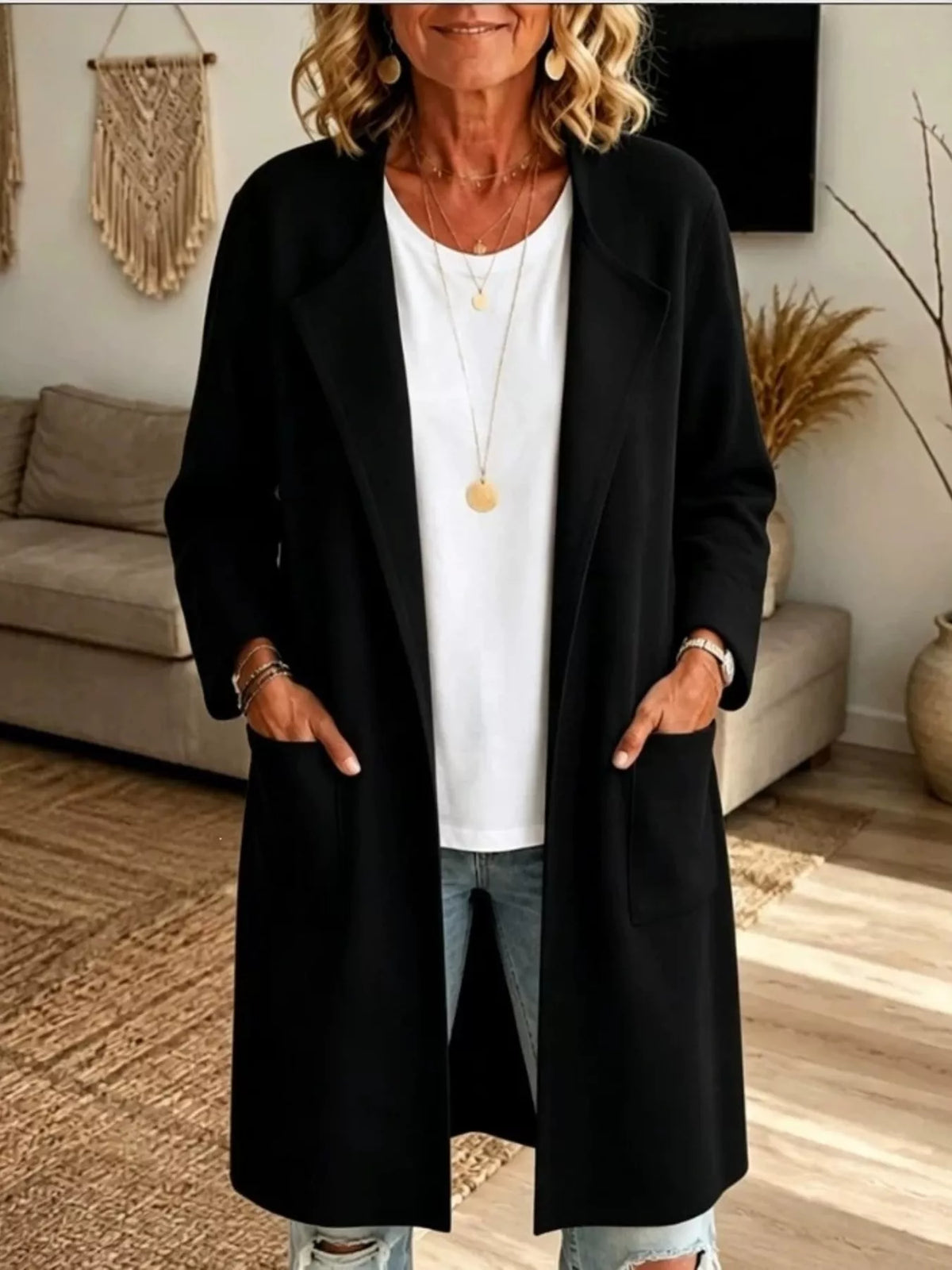 Black open-front longline knit cardigan