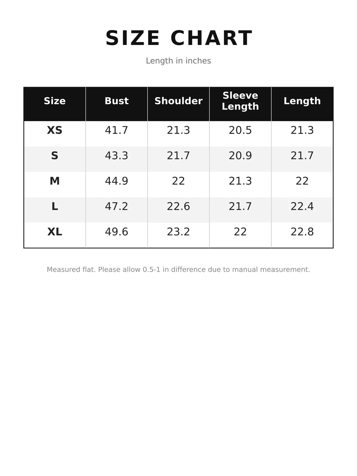 Long Sleeve Crew Neck T-Shirt — size and measurement chart