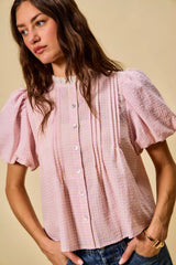 Trendsi SO ME Gingham Lace Trim Button Bubble Sleeves Blouse -