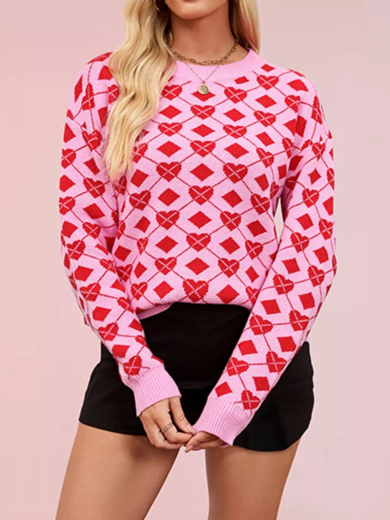 Trendsi Heart Pattern Argyle Knit Long Sleeve Sweater -