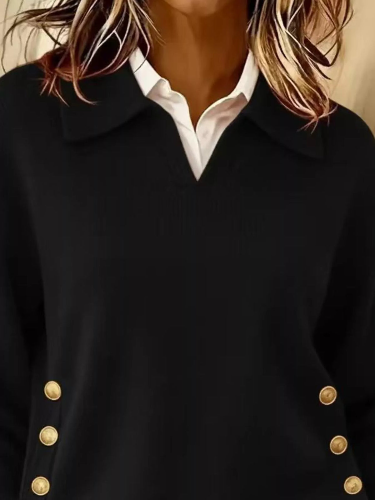 Women's Decorative Button Dropped Shoulder Sweater in Black, alternate view