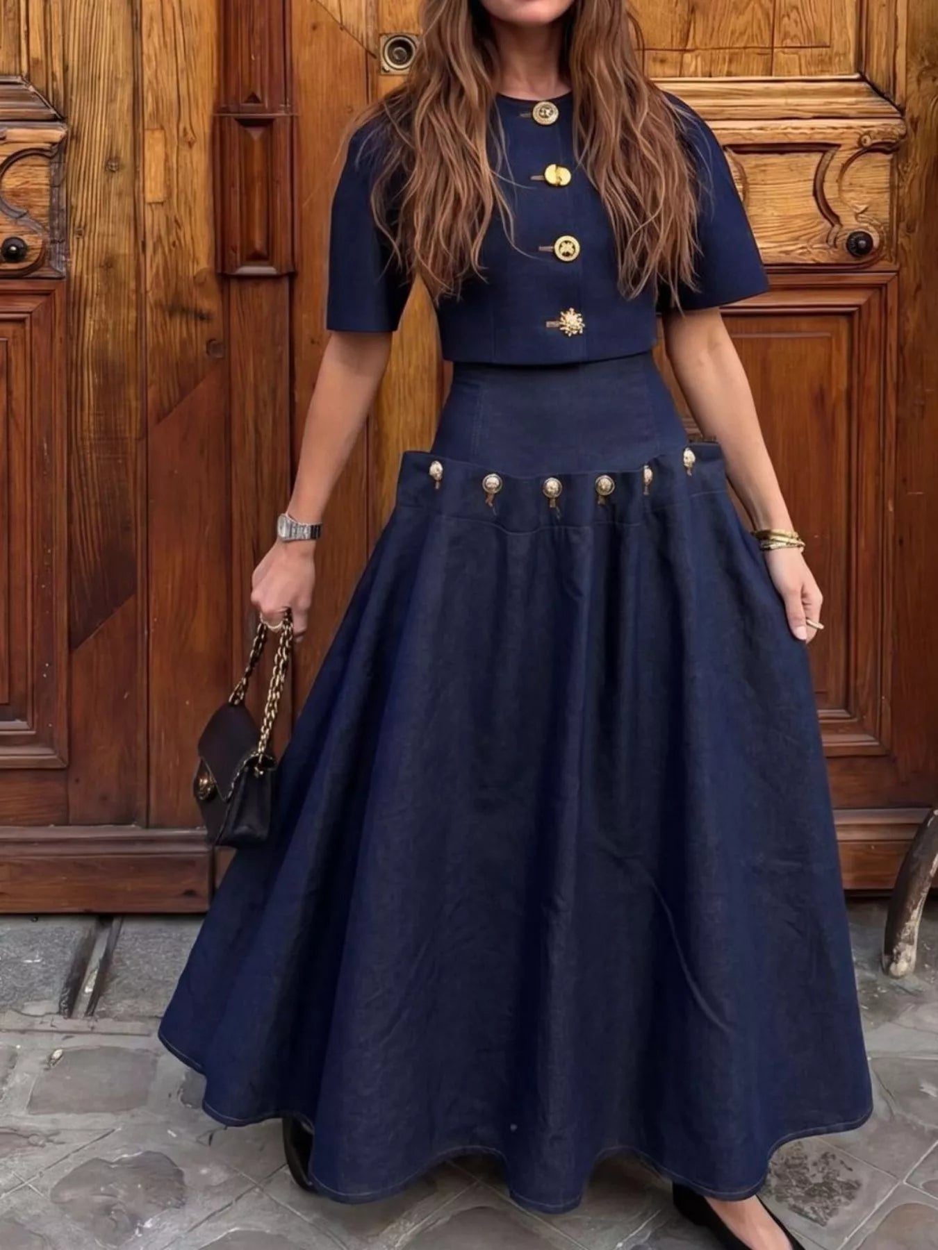 Trendsi Gold Button Top and Skirt Denim Set -