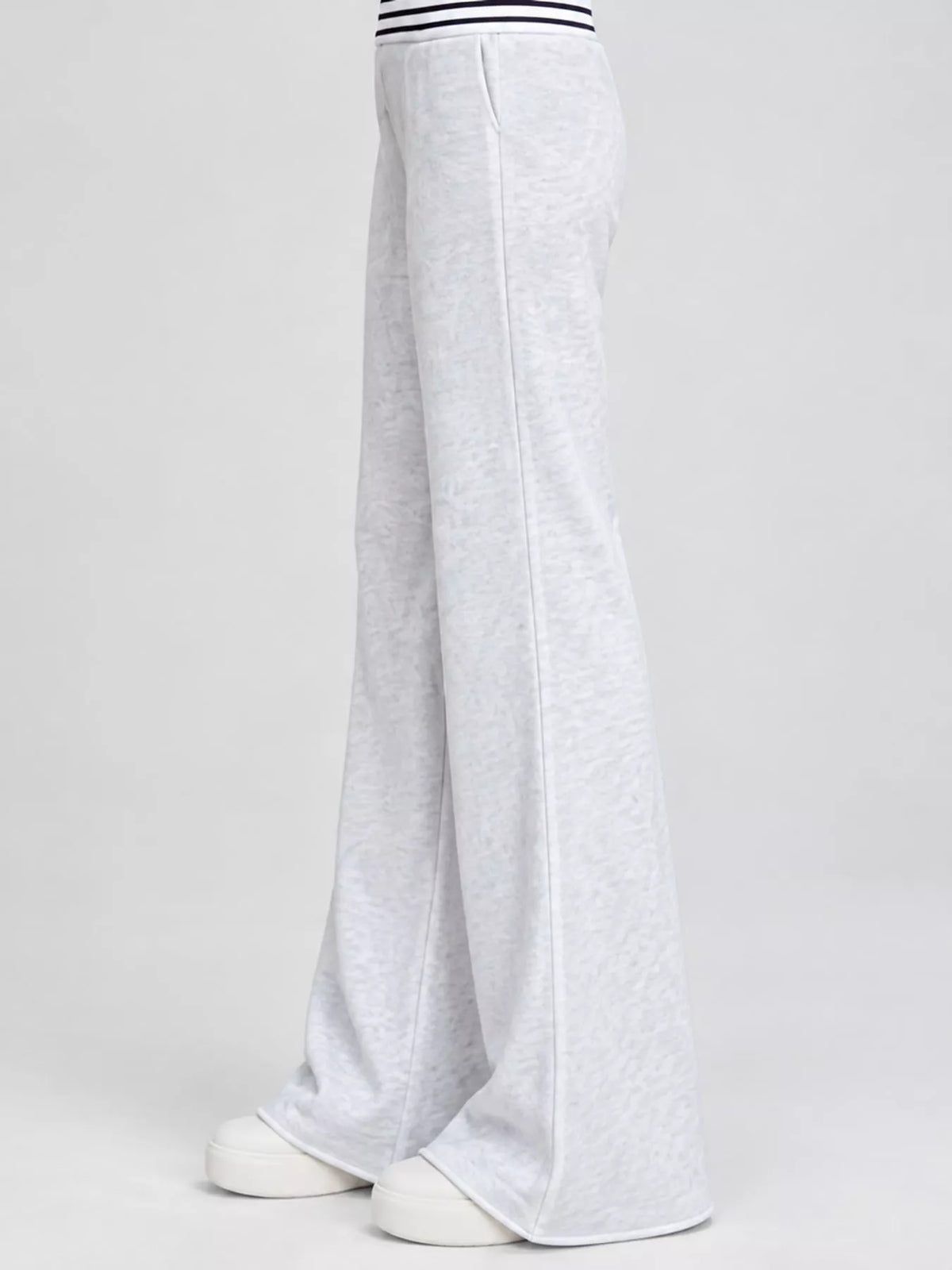 Light gray drawstring pants, side view