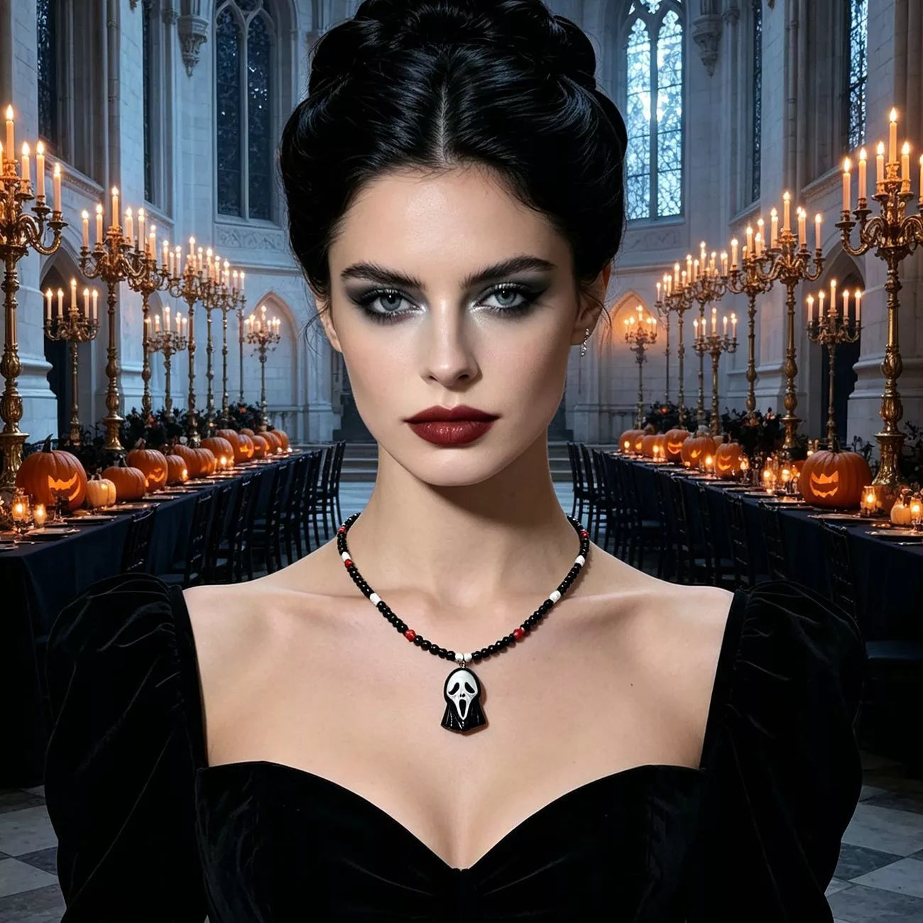 Trendsi Gothic Horror Scream Mask Beaded Pendant Necklace -