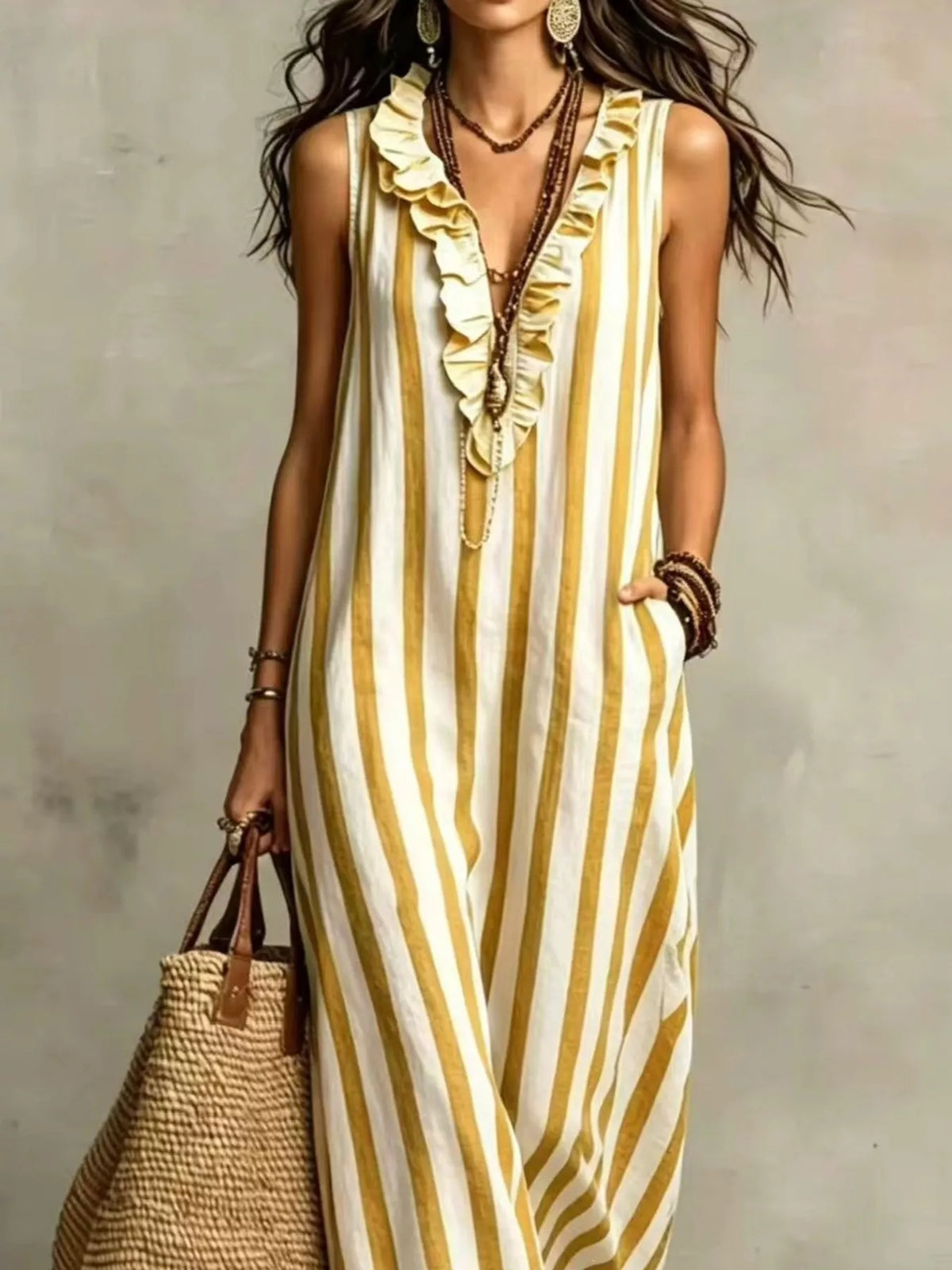 Yellow and white striped sleeveless maxi dress, neckline and stripe detail
