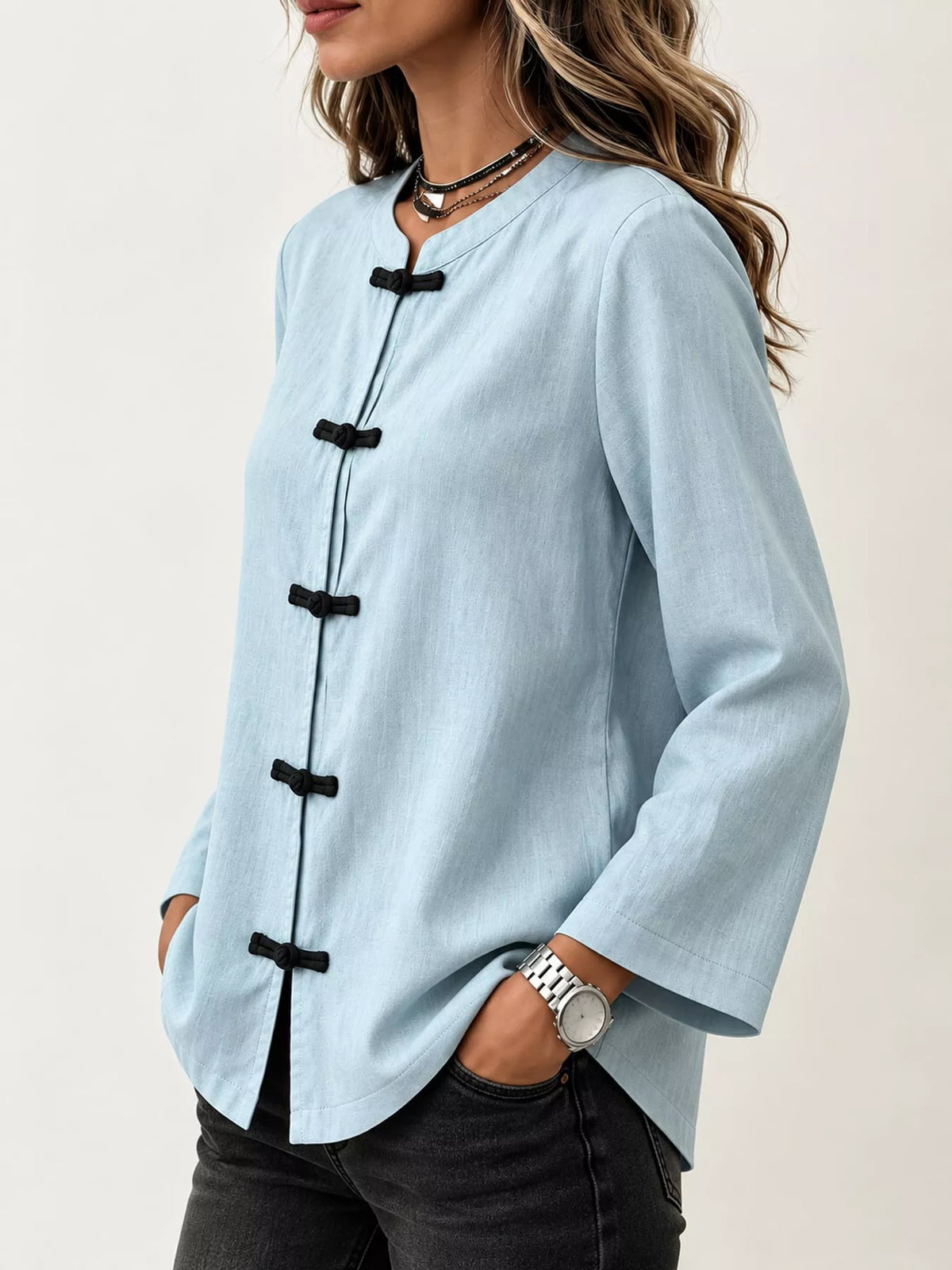 Chinese Style Mandarin Collar Blouse in light blue, side view