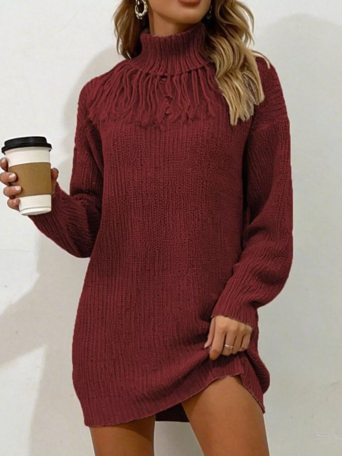 Trendsi Full Size Turtleneck Fringe Detail Sweater Dress Plus Size -