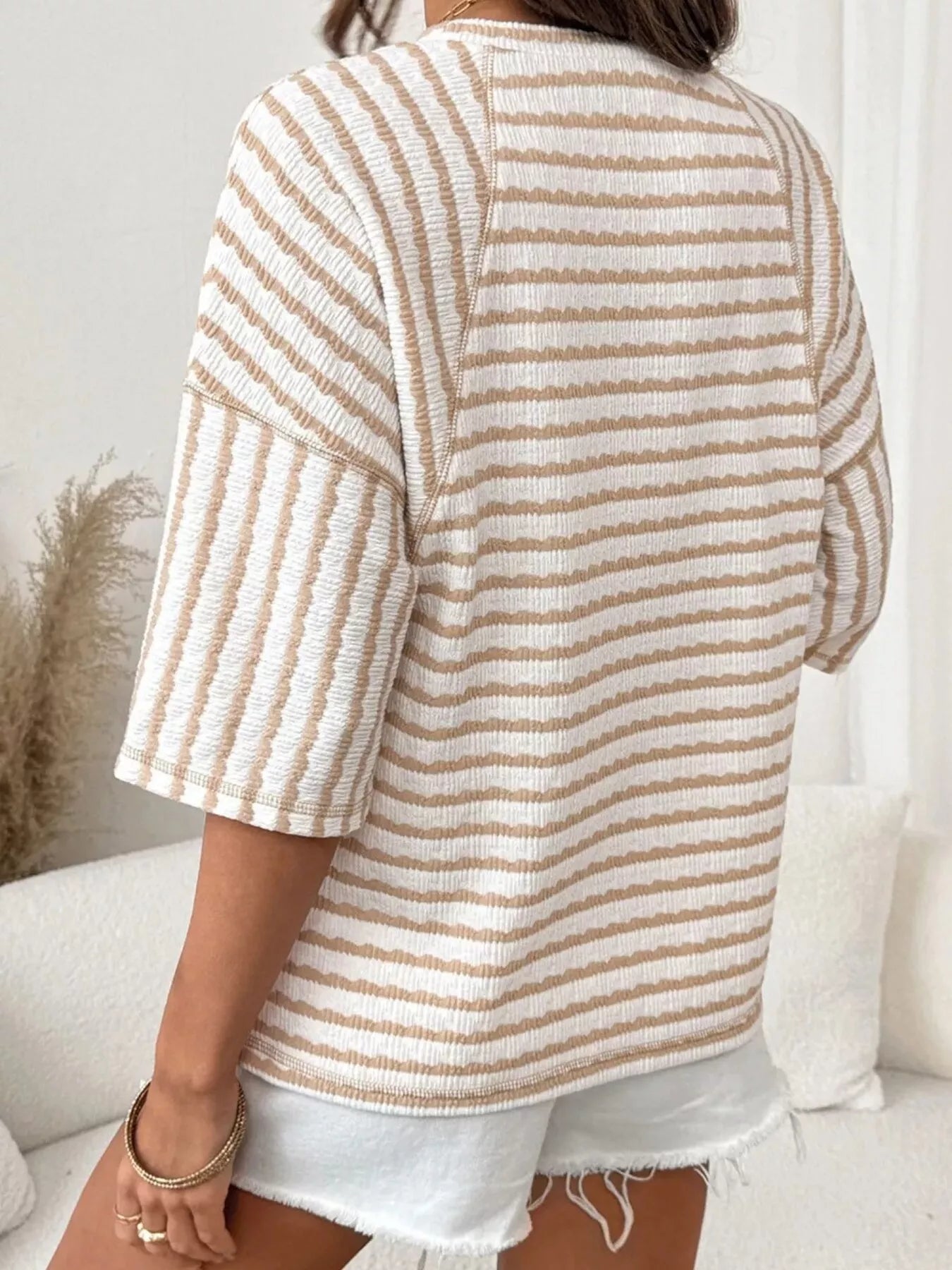 Trendsi Casual Striped Raglan Sleeve Textured T-Shirt -