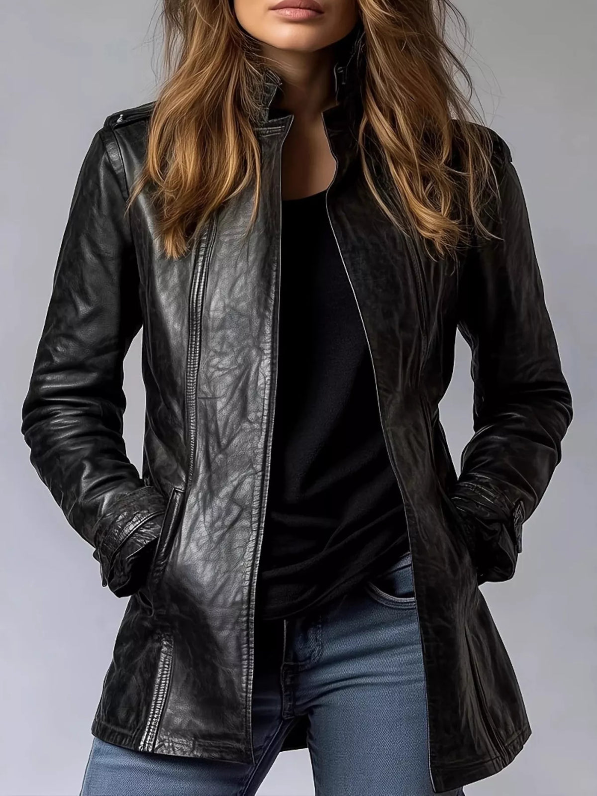 Black Long Sleeve Moto Jacket with Zip Pockets front view
