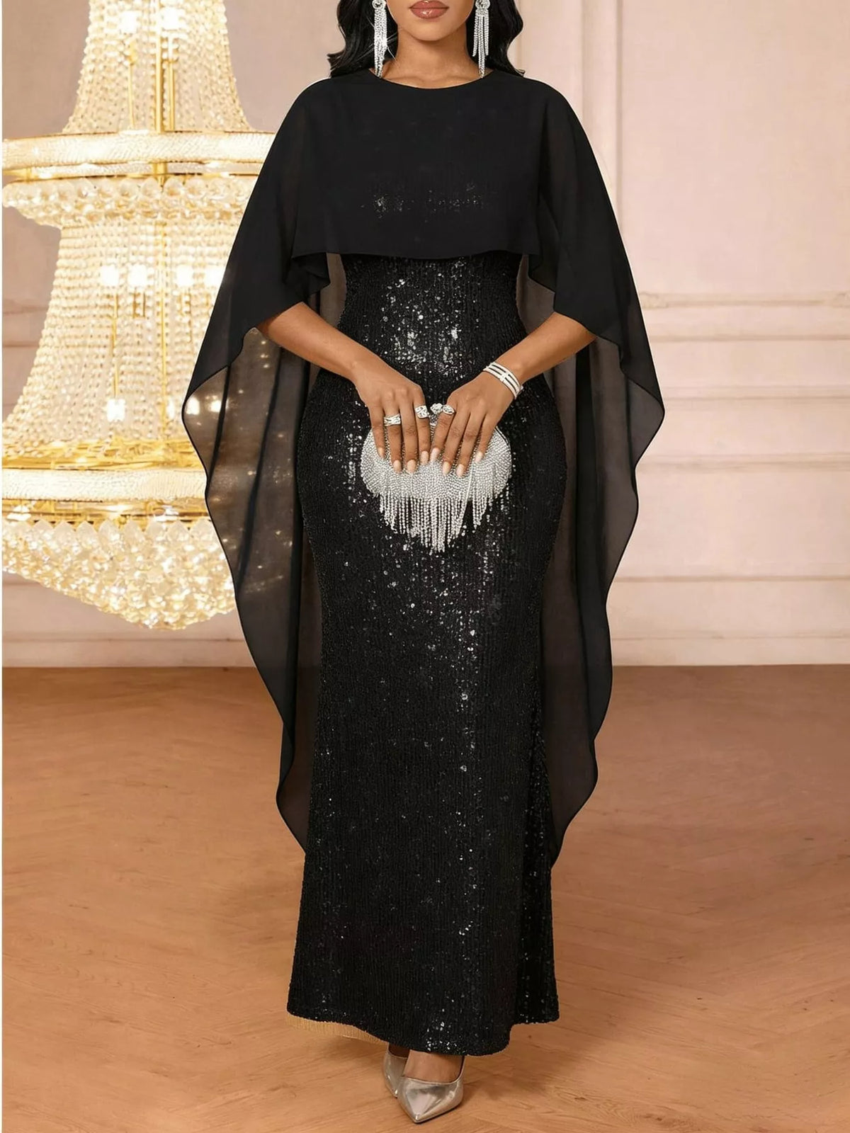 Women's Sequin Cape Overlay Evening Dress in black — front view
