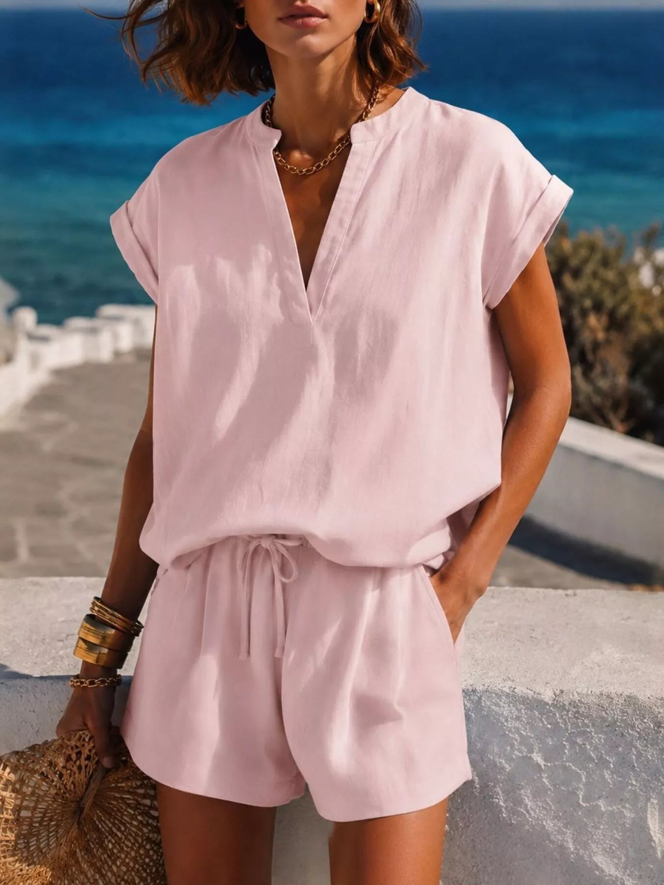 Trendsi Notched Short Sleeve Top and Shorts Set -